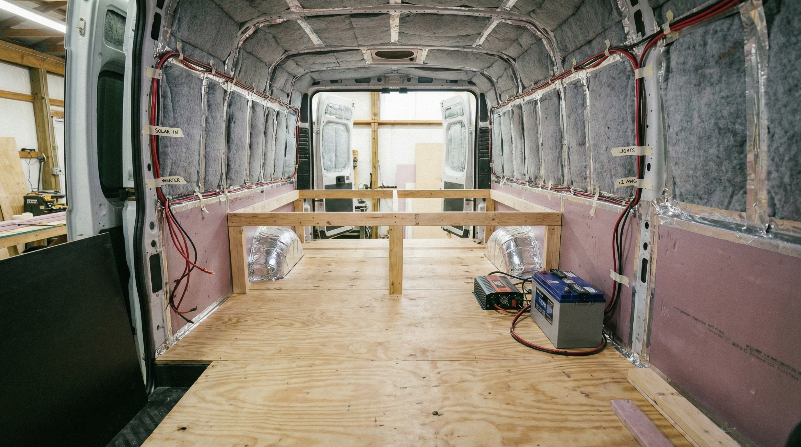 Plywood bed platform and electrical rough-in