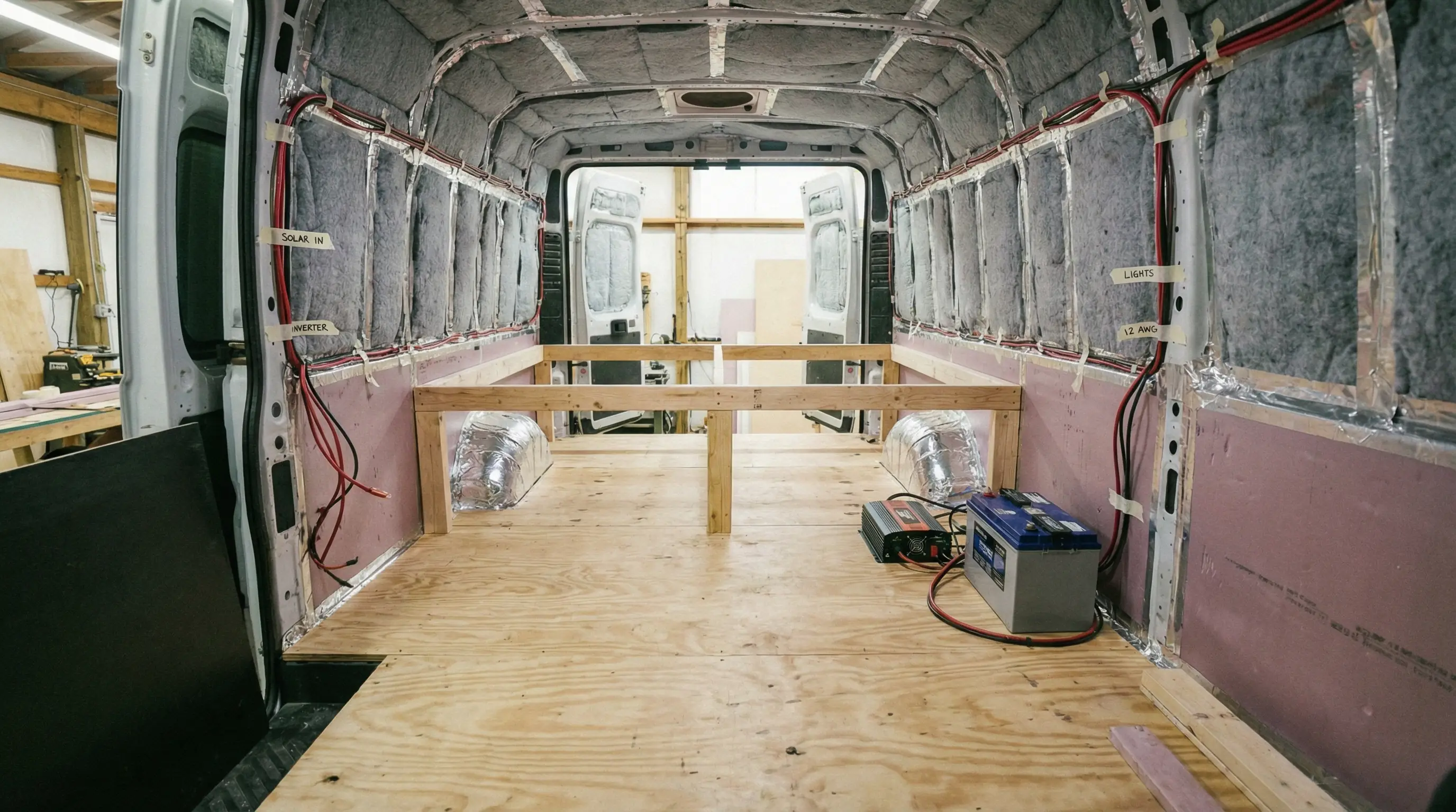 Plywood bed platform and electrical rough-in