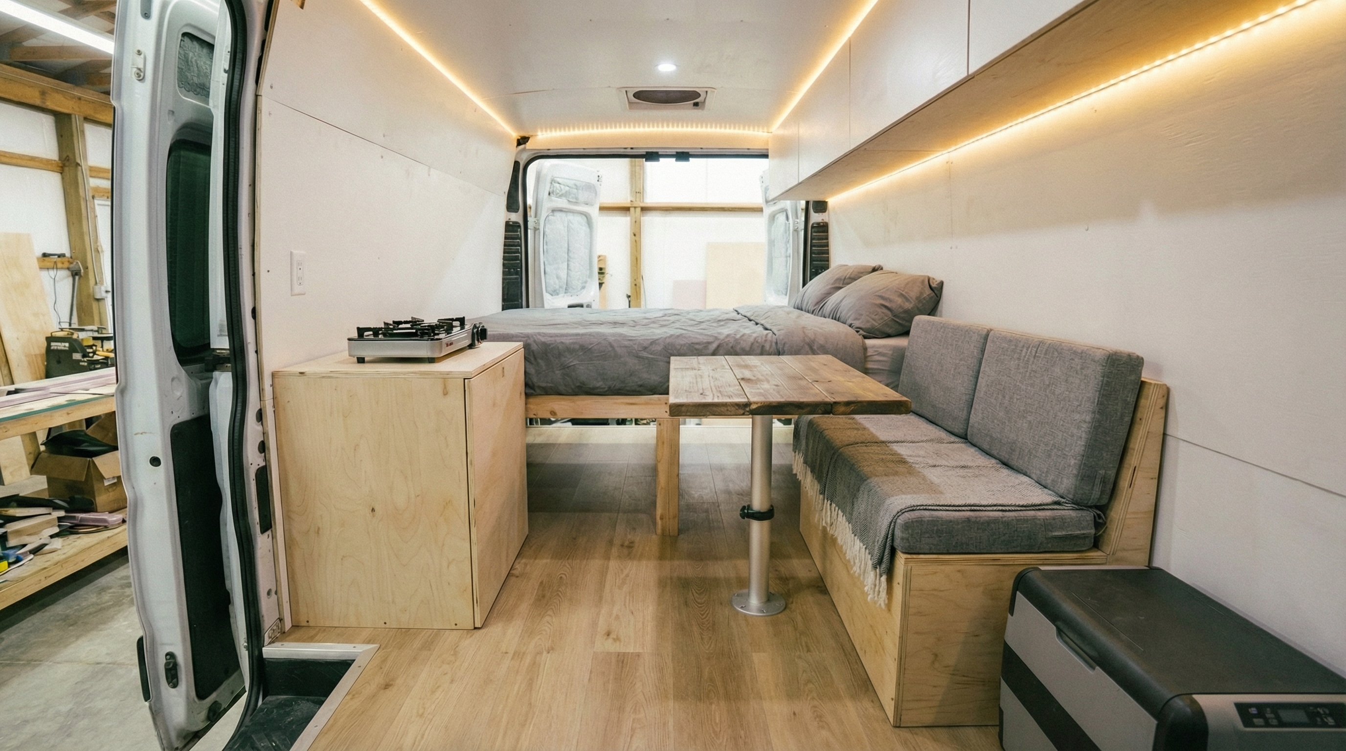 Finished ProMaster interior — bed, kitchen, storage