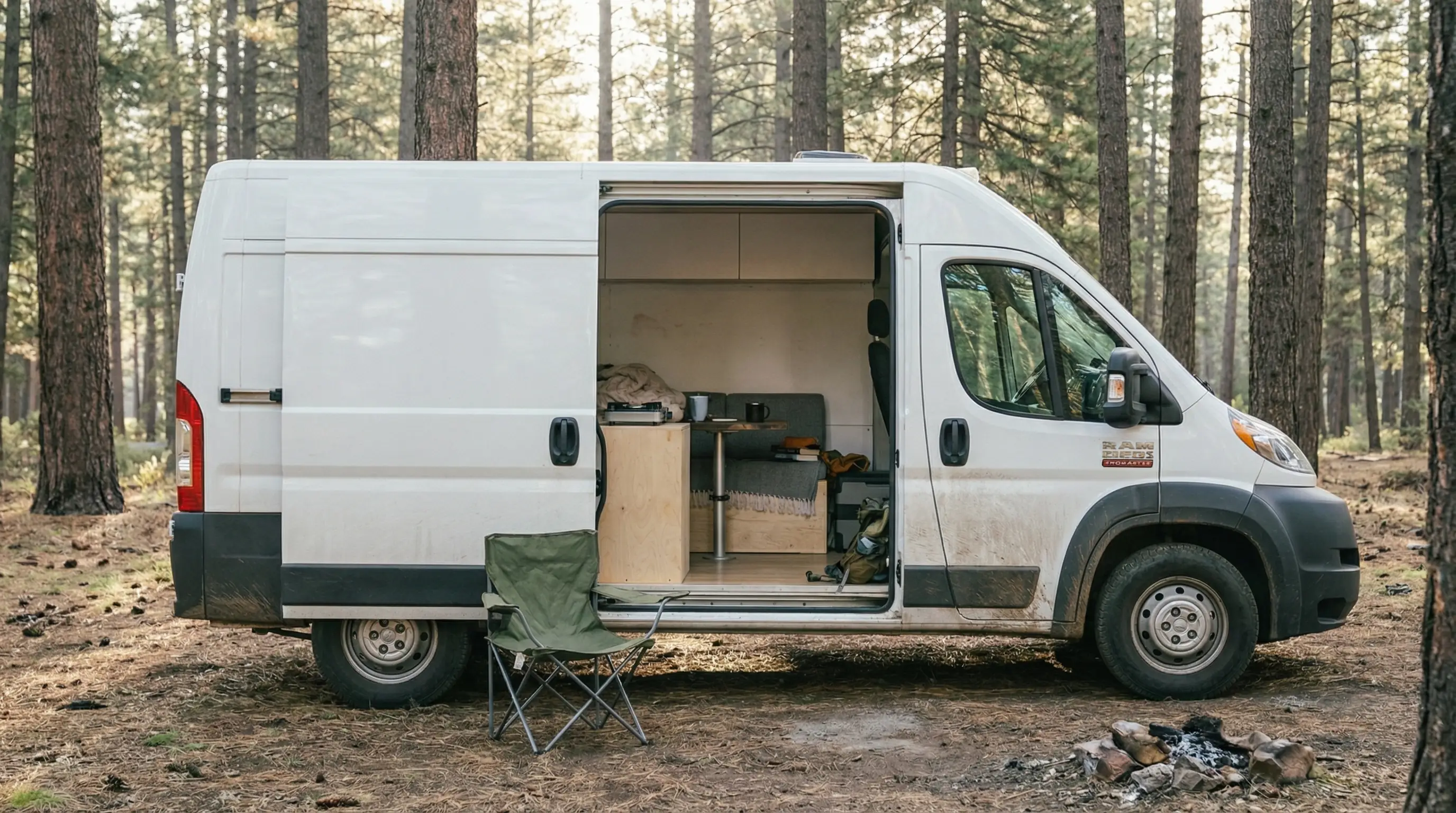 Budget ProMaster on the road — parked at campsite
