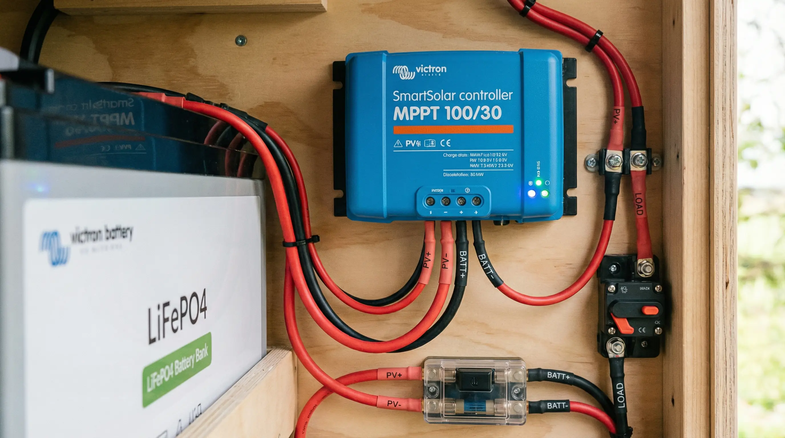 Victron MPPT charge controller installed next to battery