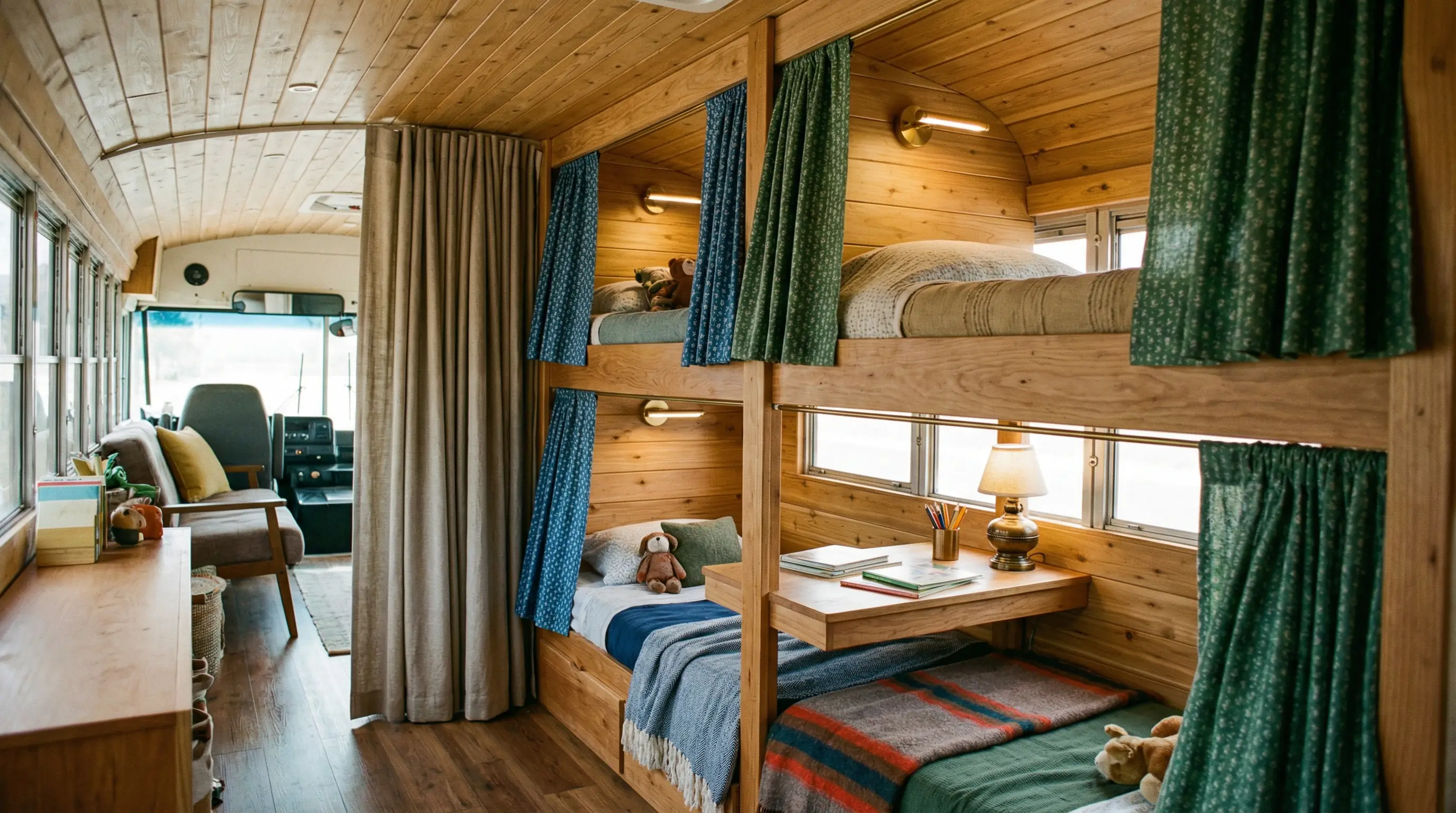 Kids sleeping area with curtain wall and bunk beds