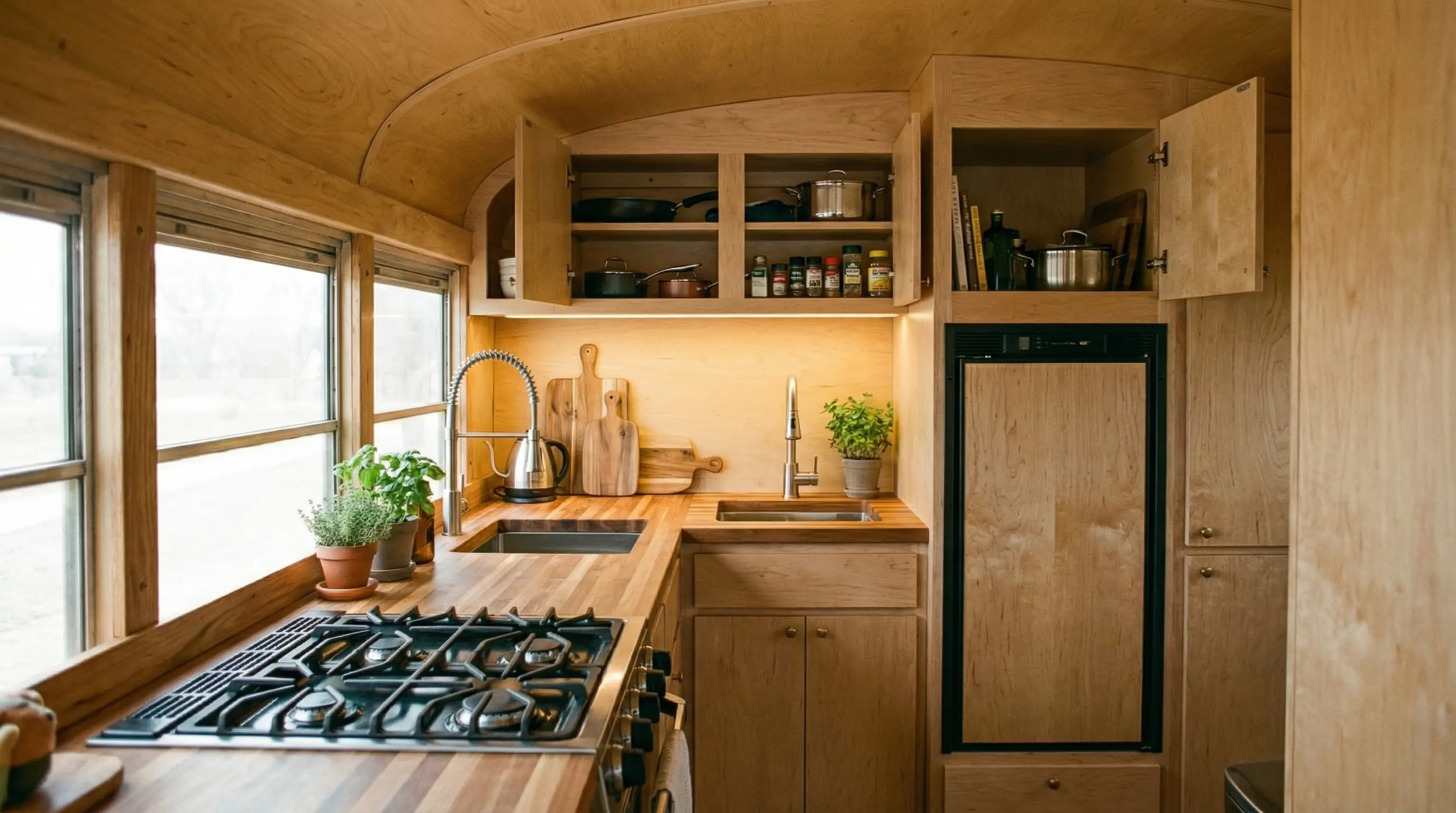 Full kitchen galley — 3 burner stove, fridge, cabinets