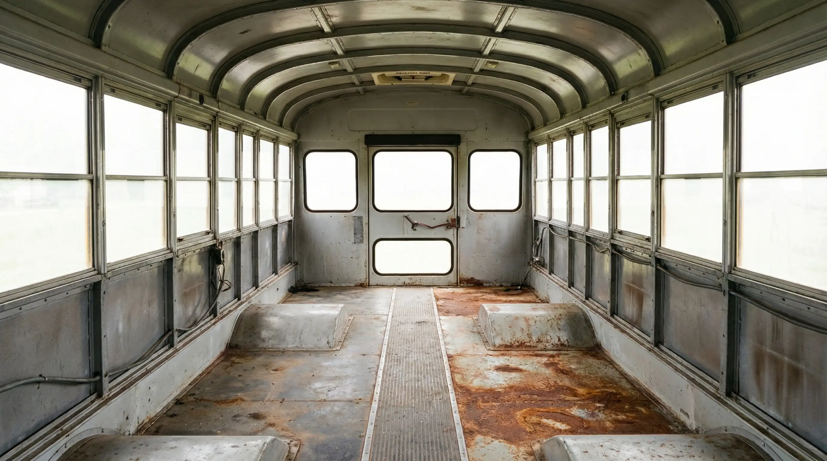 Short bus interior after complete demo — bare steel walls