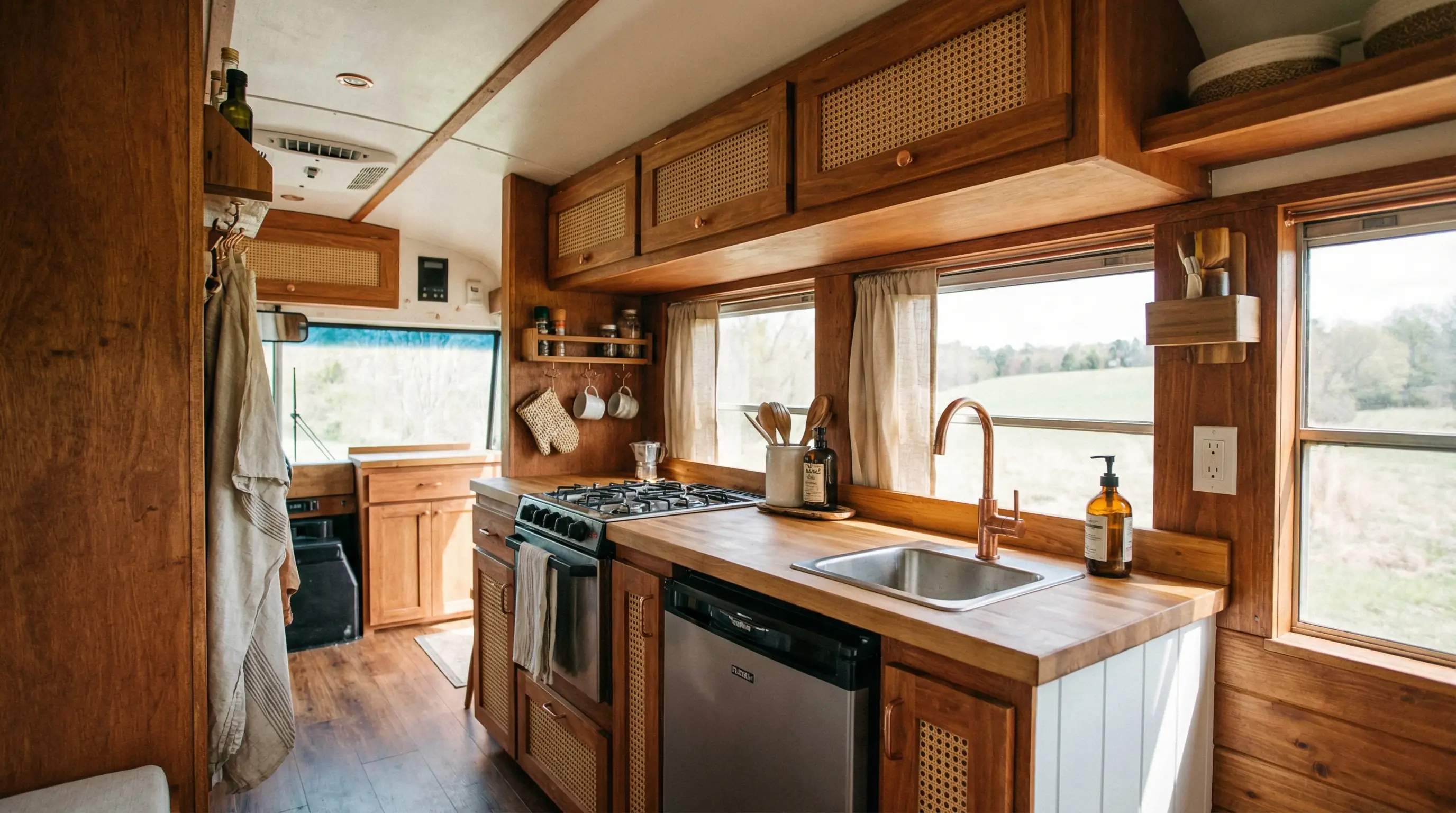 Short bus kitchen — compact galley with full functionality