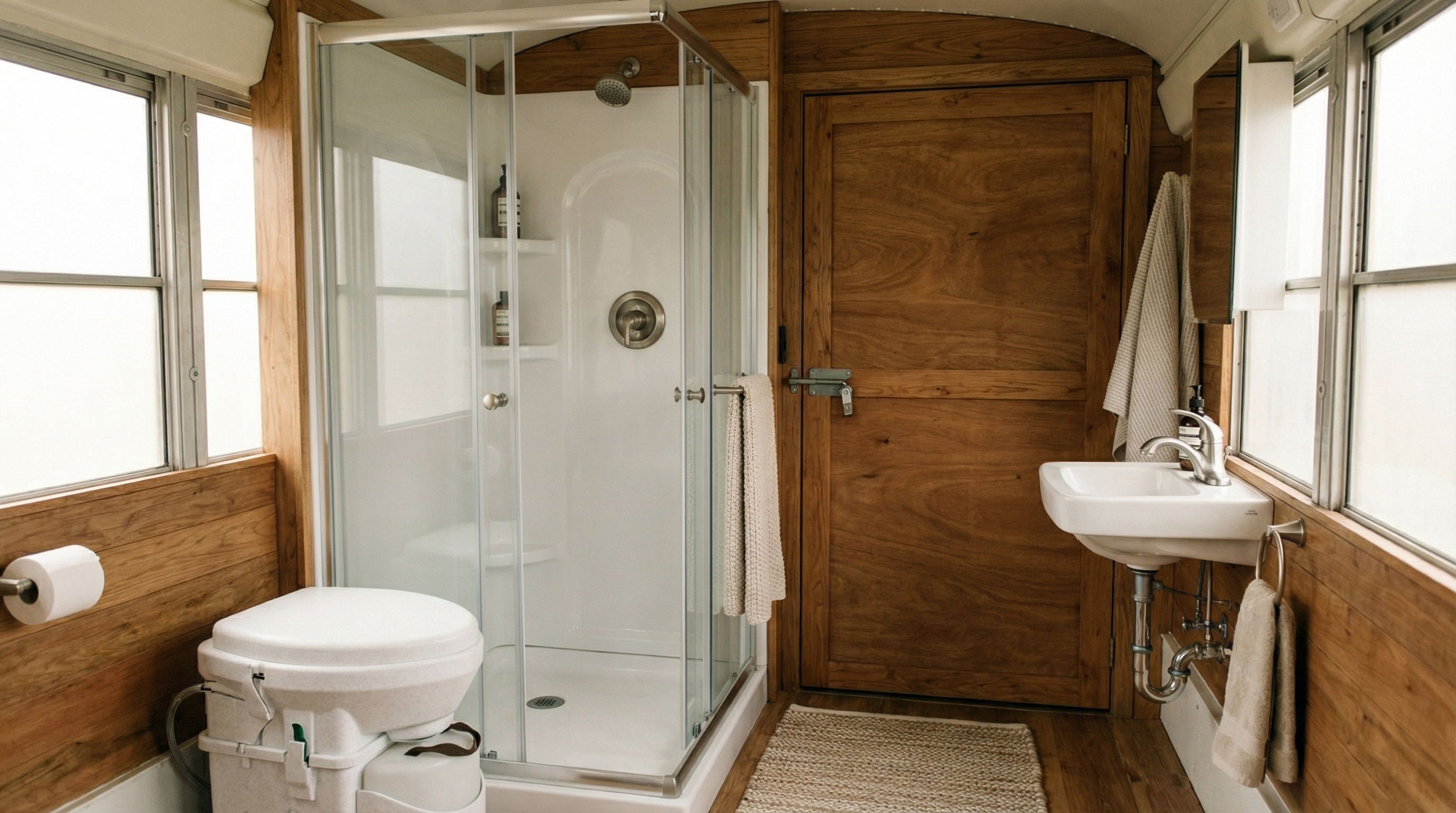 Composting toilet and corner shower in short bus bathroom