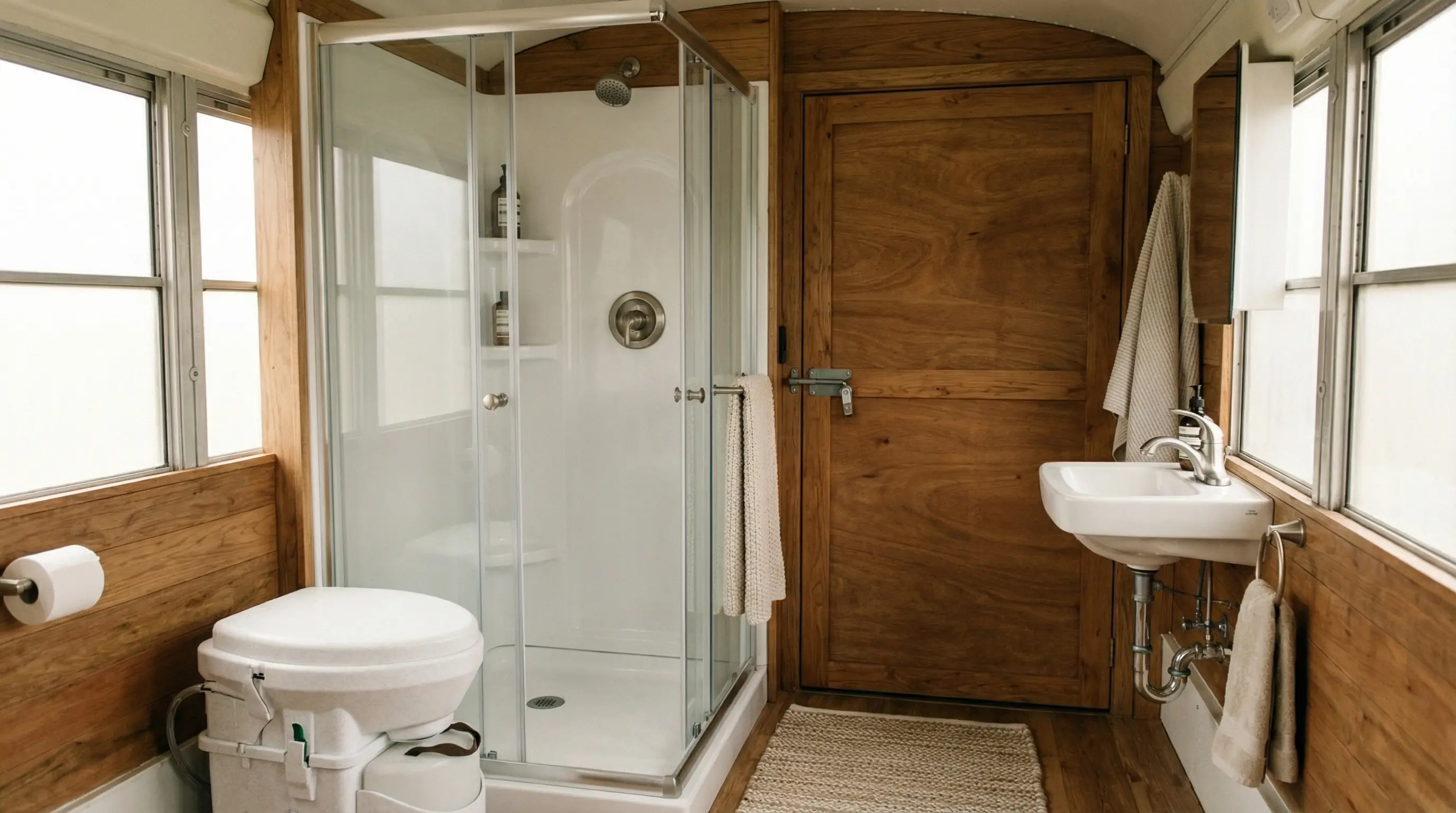 Composting toilet and corner shower in short bus bathroom