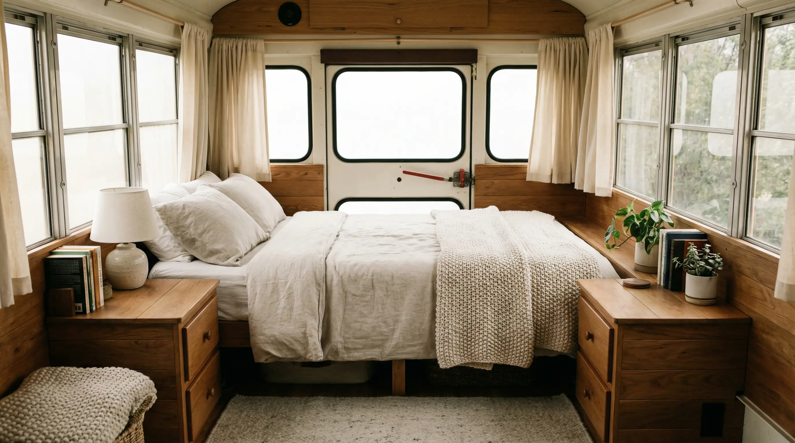 Queen bed crosswise in short bus bedroom — natural light from windows