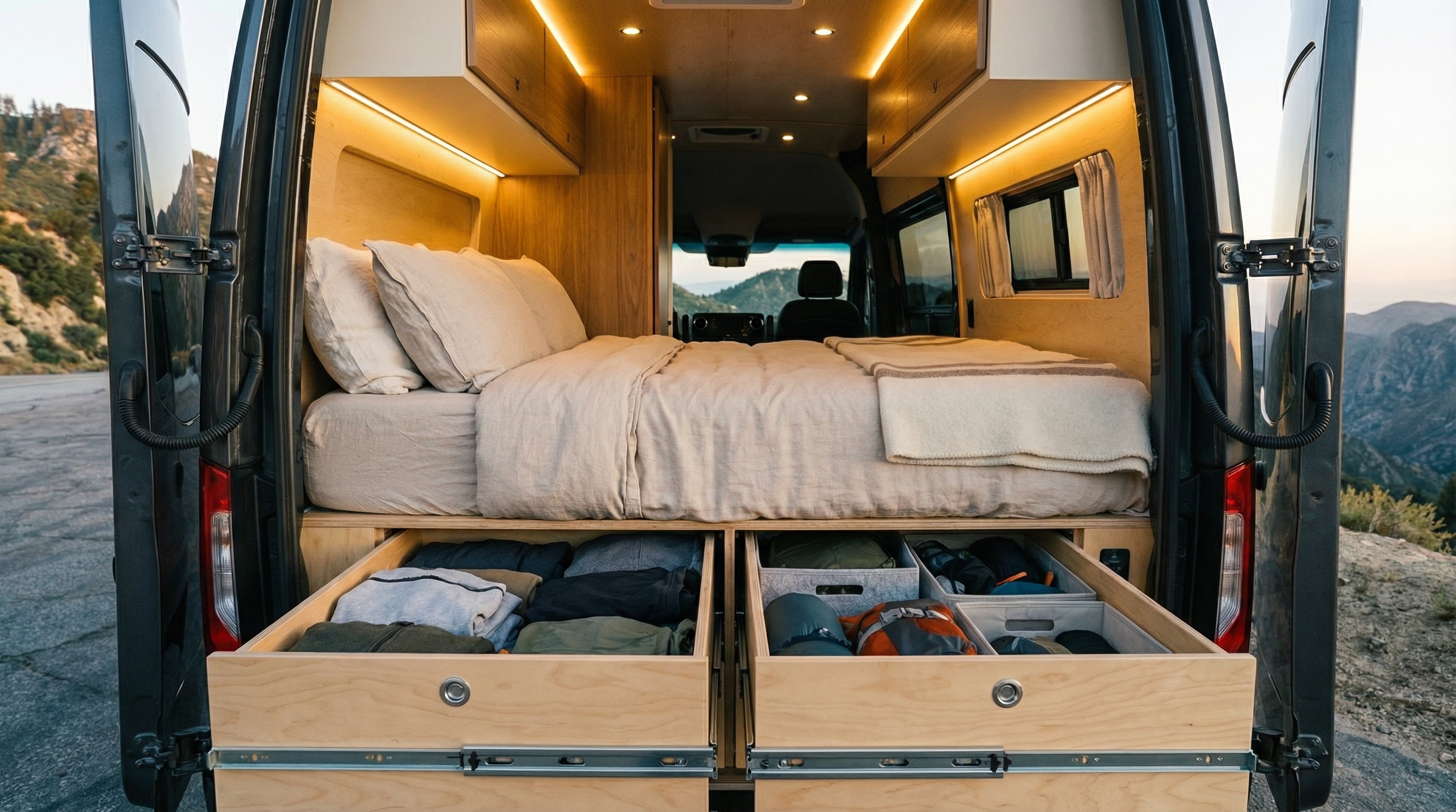 Queen bed rear of Sprinter — finished interior