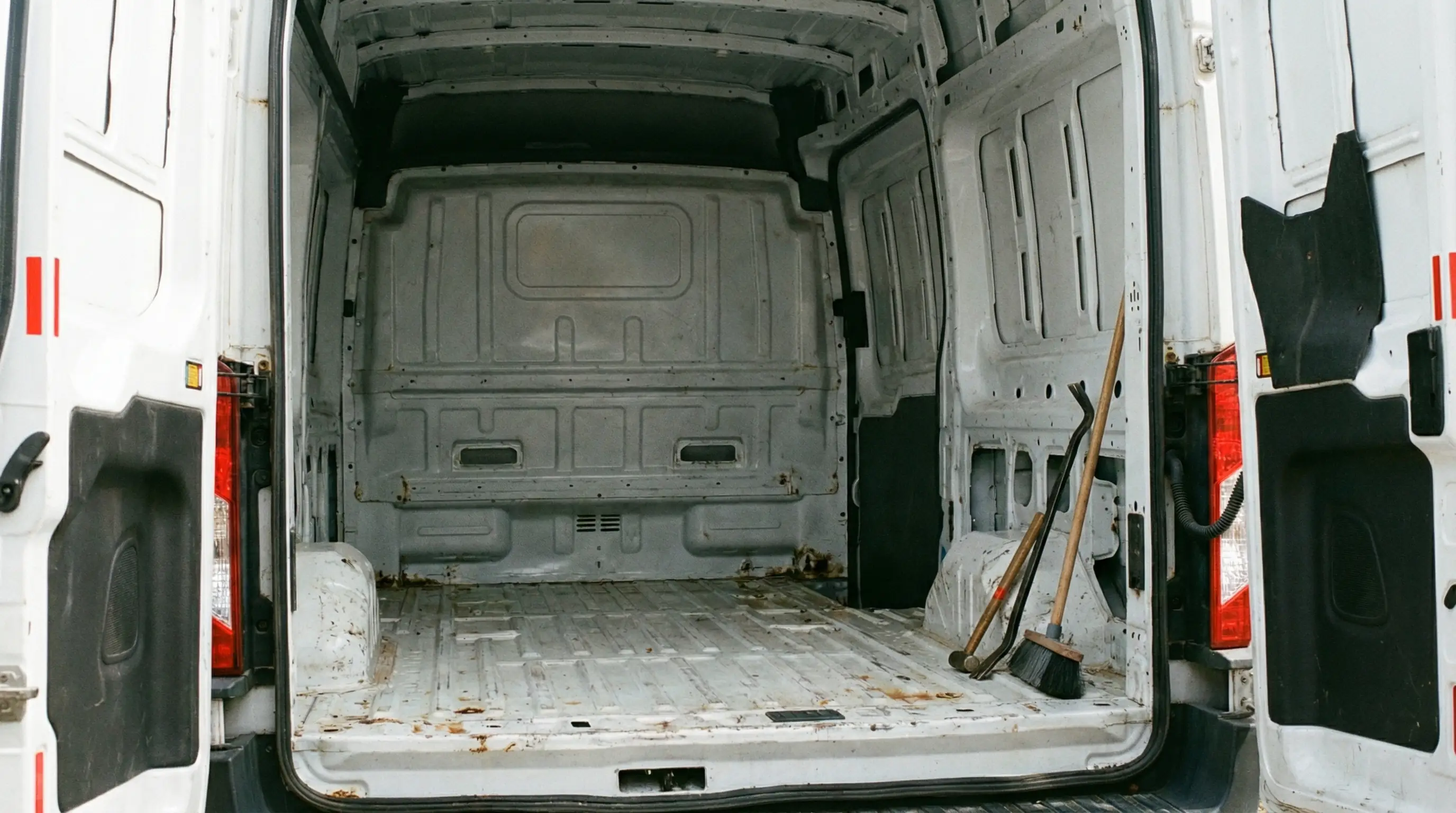 Transit interior after demo — bare metal