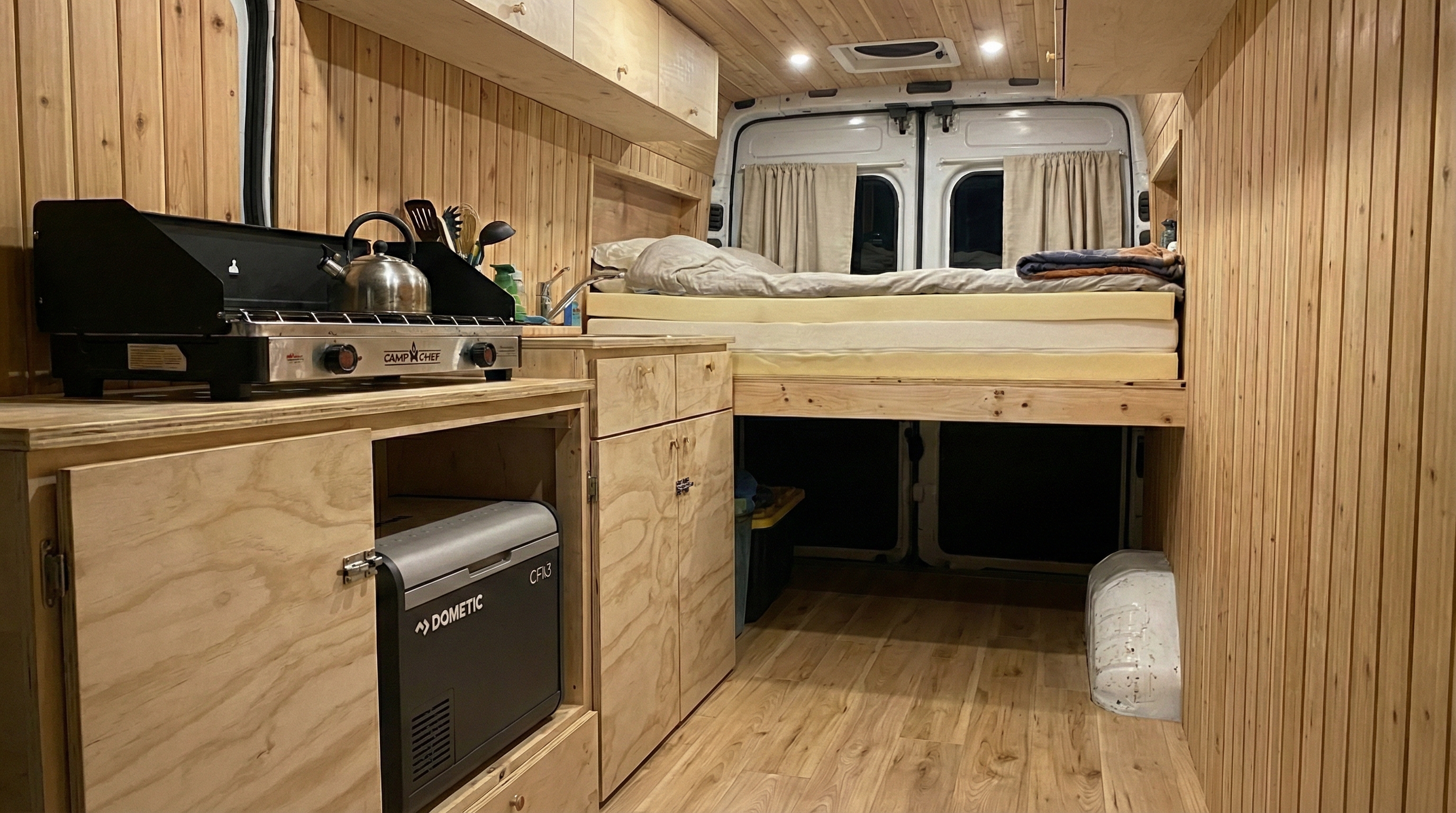 Finished kitchen and bed area