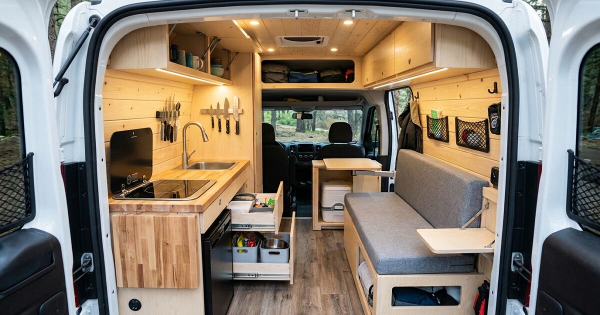 Bright and modern tiny camper van interior with smart storage and compact kitchen.