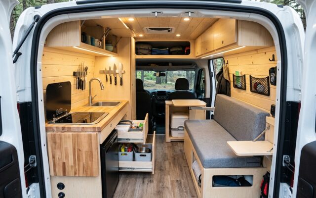 Bright and modern tiny camper van interior with smart storage and compact kitchen.