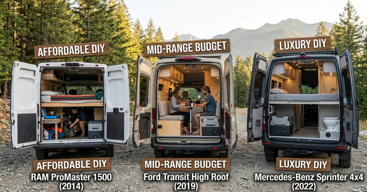 Top-down comparison of DIY camper van layouts for different budgets.