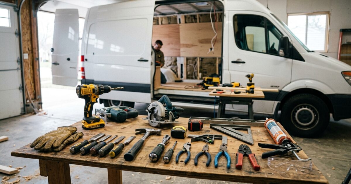 Essential DIY camper van conversion tools displayed on a workshop bench.