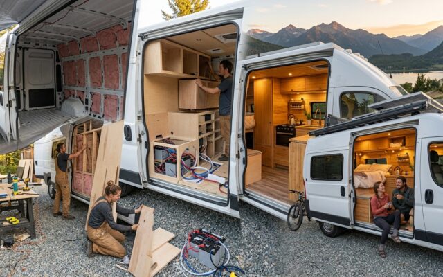 Timeline showing each stage of a DIY camper van conversion from empty cargo van to finished interior.