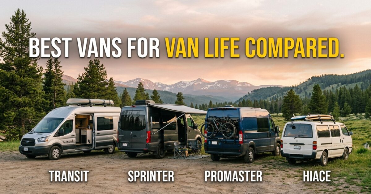 Ford Transit, Mercedes-Benz Sprinter, Ram ProMaster, and Toyota Hiace camper vans compared side by side