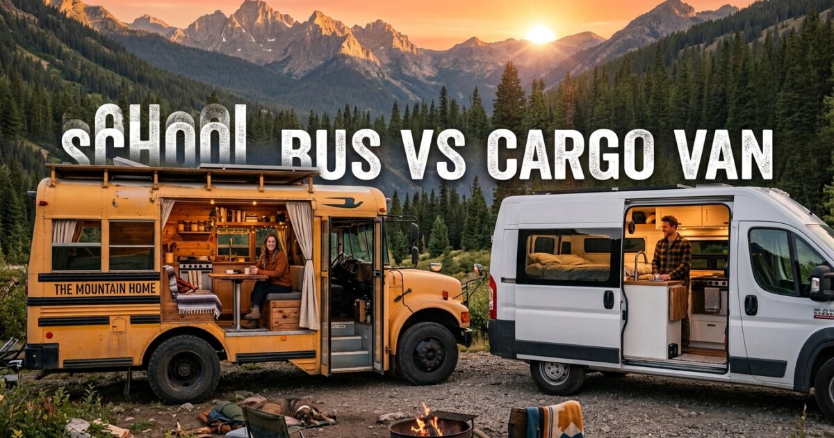 Converted school bus and cargo van parked side by side, comparing two popular full-time living options.